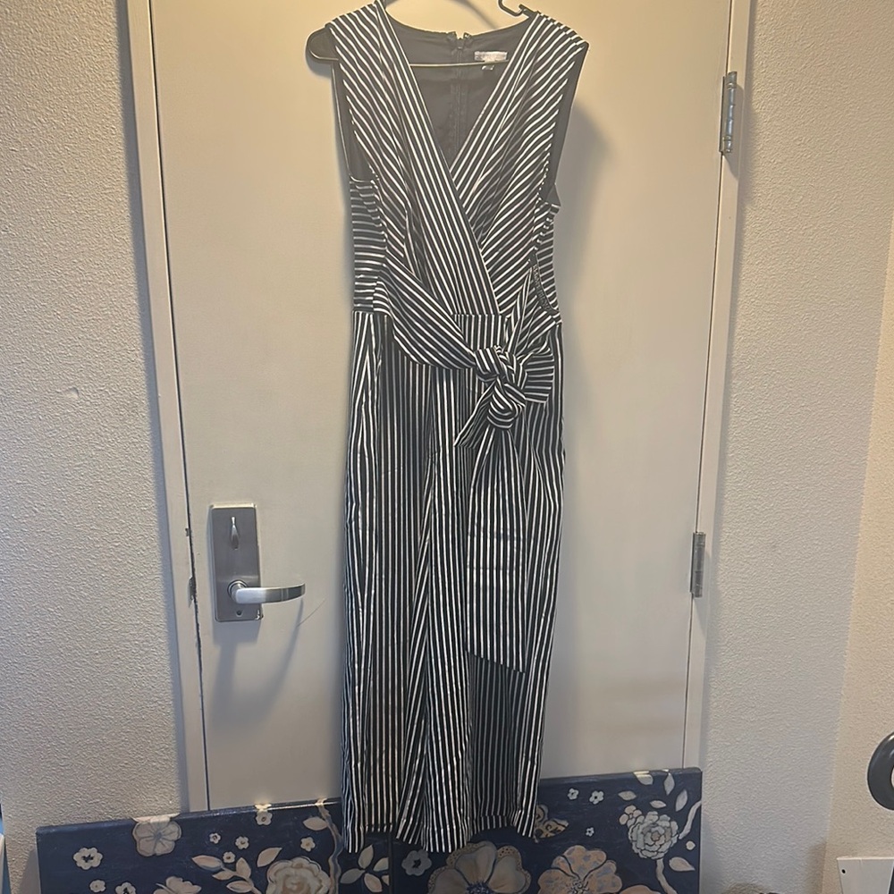 New York & Company Black and White Sleeveless Wrap Tie Front Jumpsuit